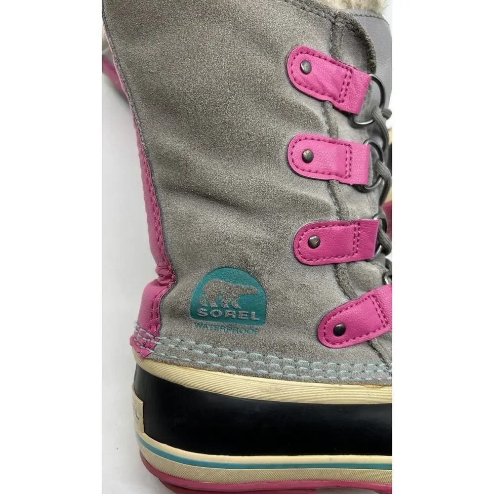 Sorel Girls Joan Of Arctic Snow Boots Size 2 Suede Gray Faux Fur